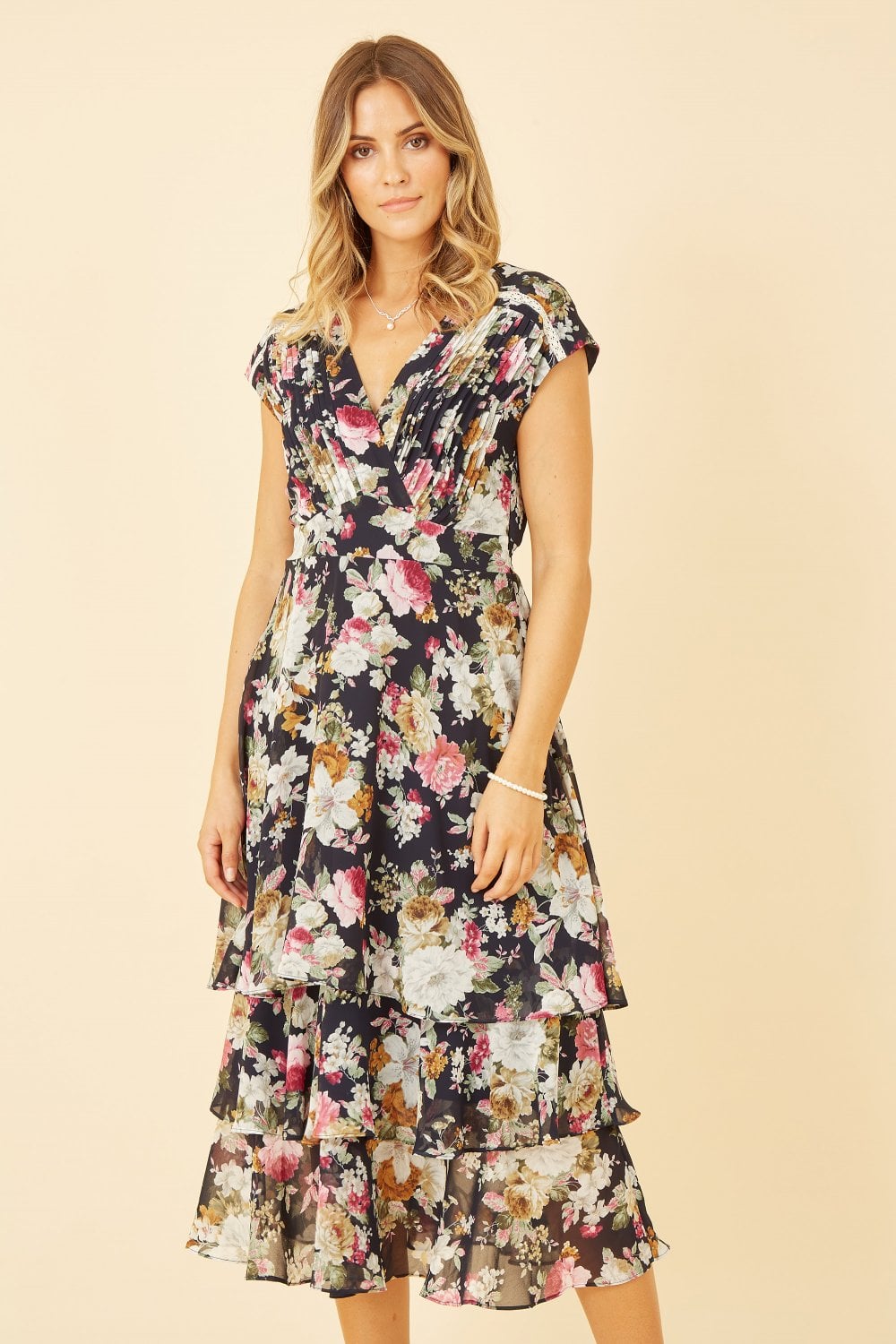 Yumi Black Floral Tiered Midi Dress Yumi