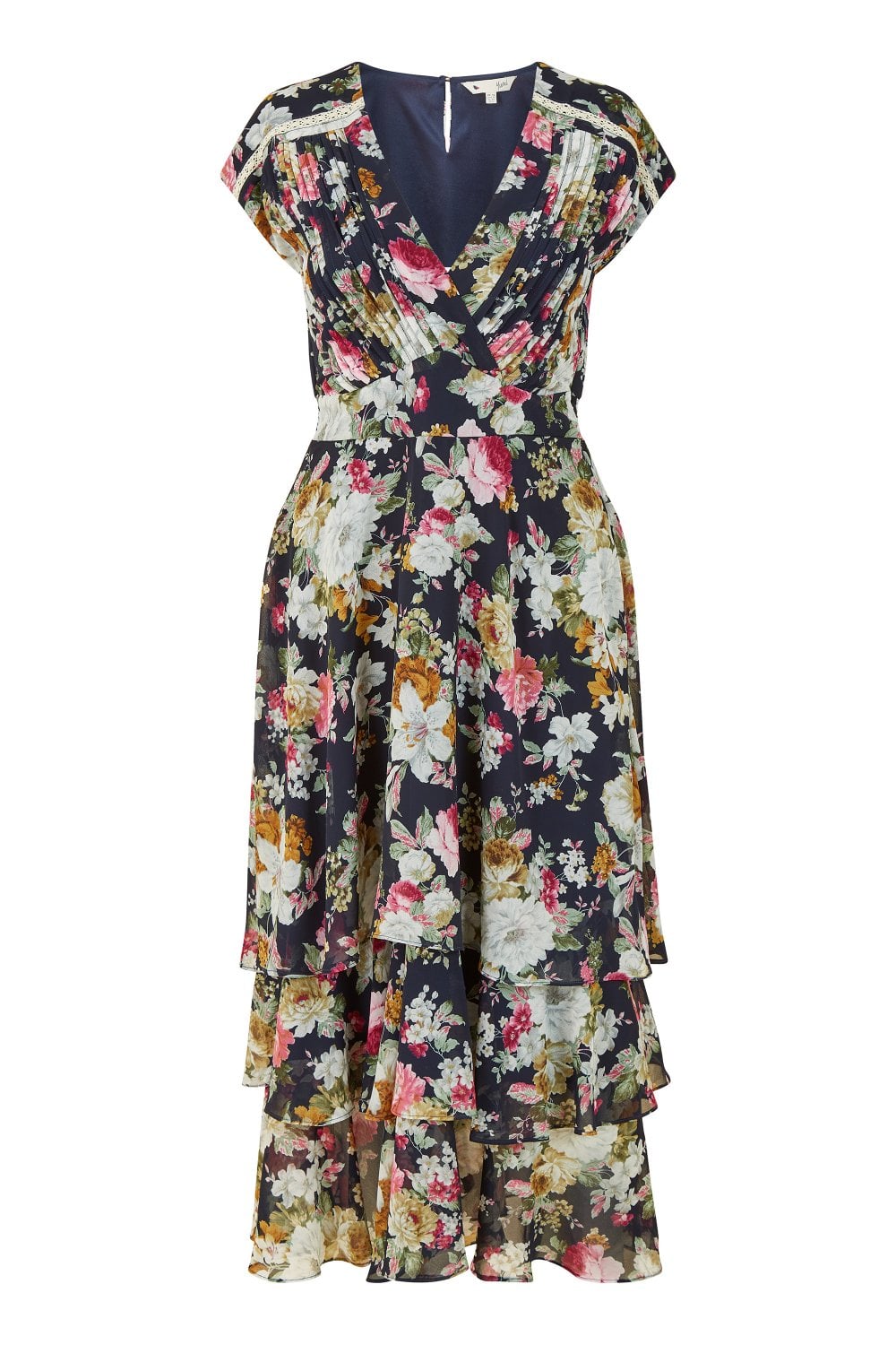 Yumi Black Floral Tiered Midi Dress Yumi