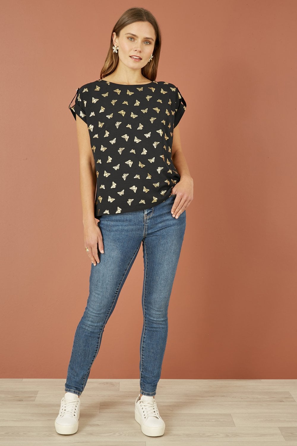 Yumi Black Foil Butterfly Print Top Yumi