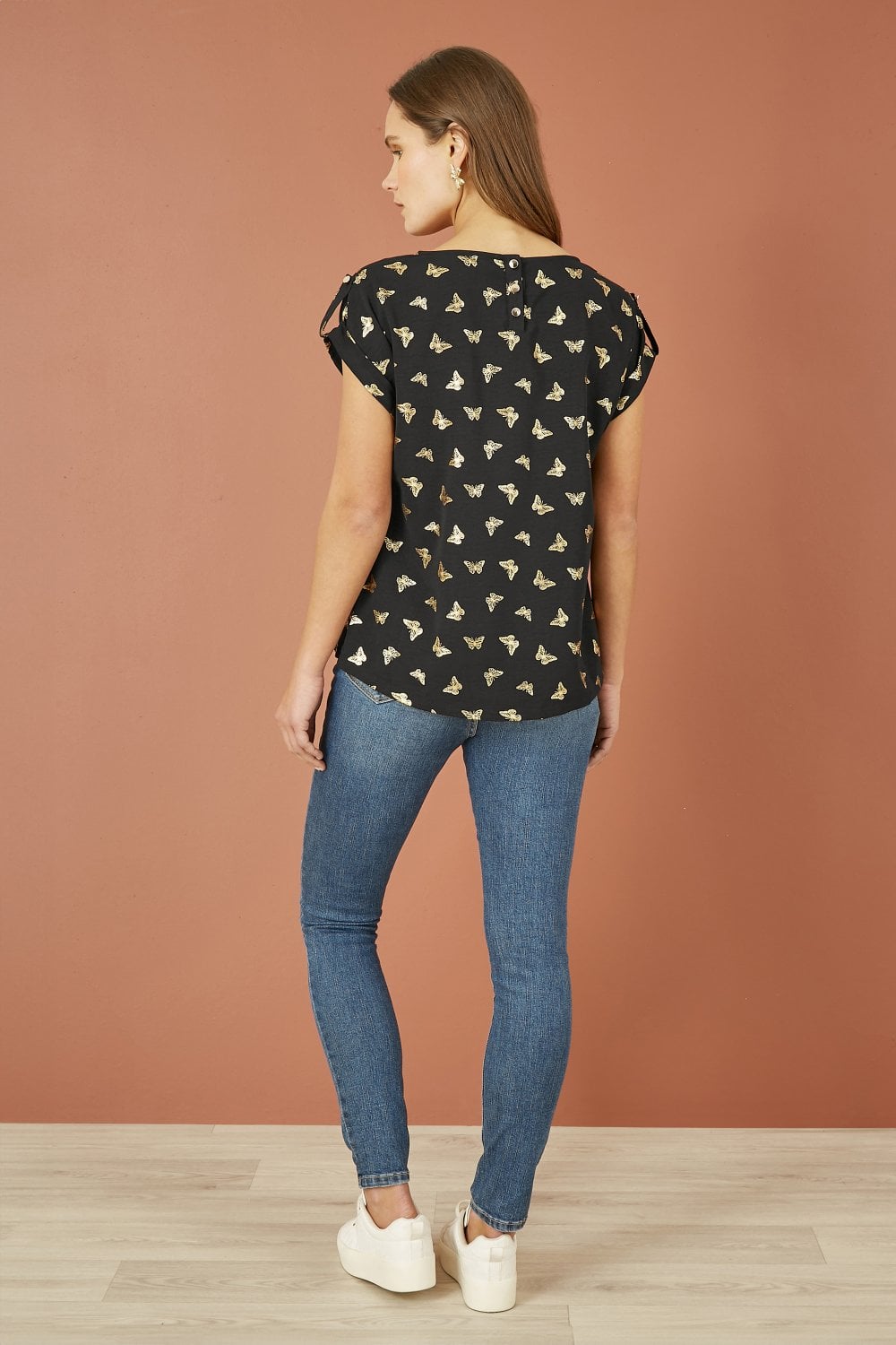 Yumi Black Foil Butterfly Print Top Yumi