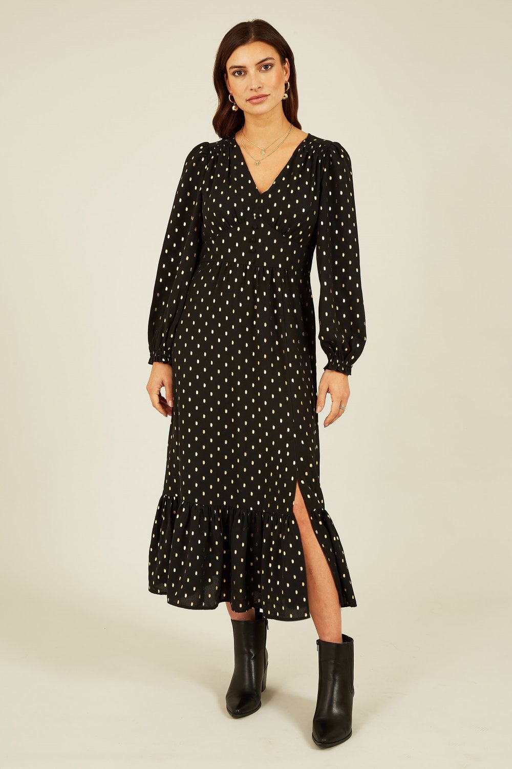 Yumi Black Foil Print Long Sleeve Midi Dress Yumi