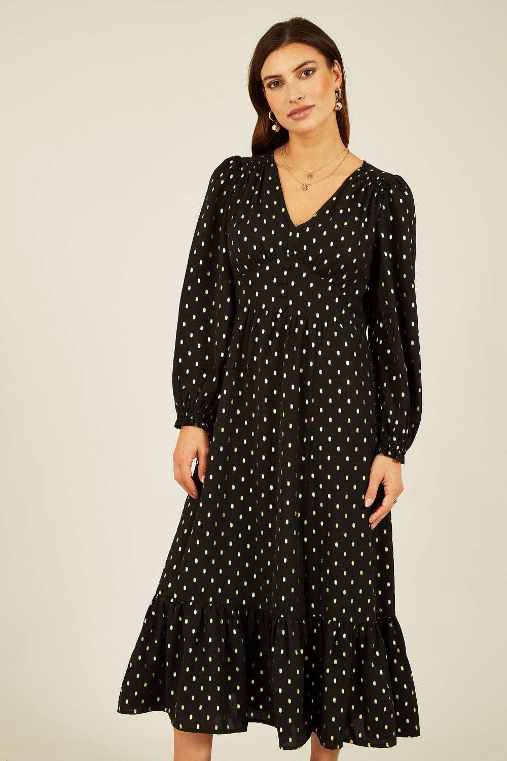 Yumi Black Foil Print Long Sleeve Midi Dress Yumi