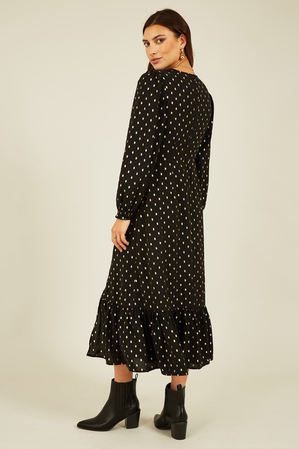 Yumi Black Foil Print Long Sleeve Midi Dress Yumi