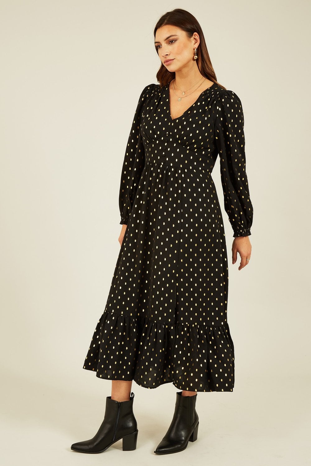 Yumi Black Foil Print Long Sleeve Midi Dress Yumi