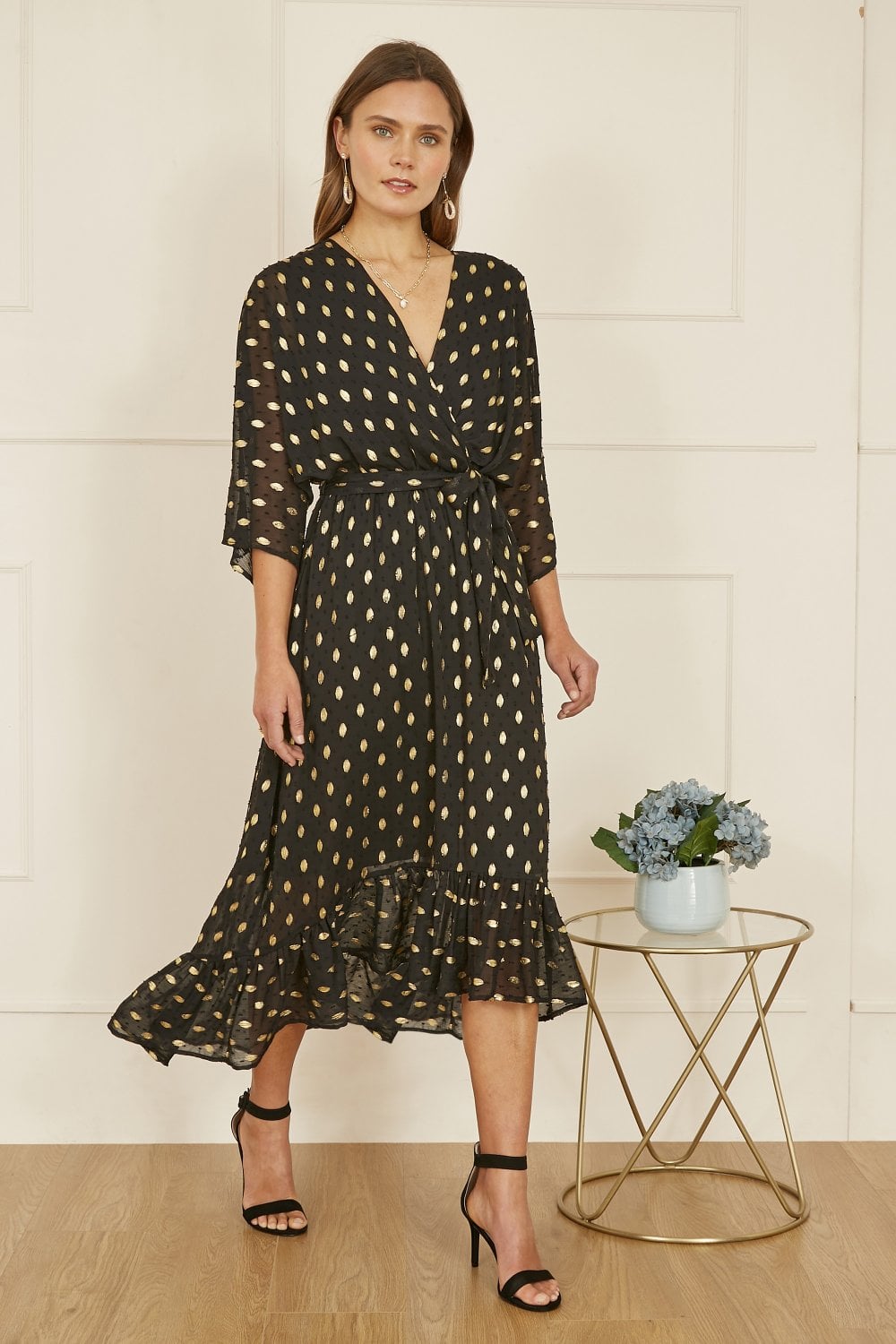 Yumi Black Foil Print Wrap Over Dip Hem Midi Dress Yumi