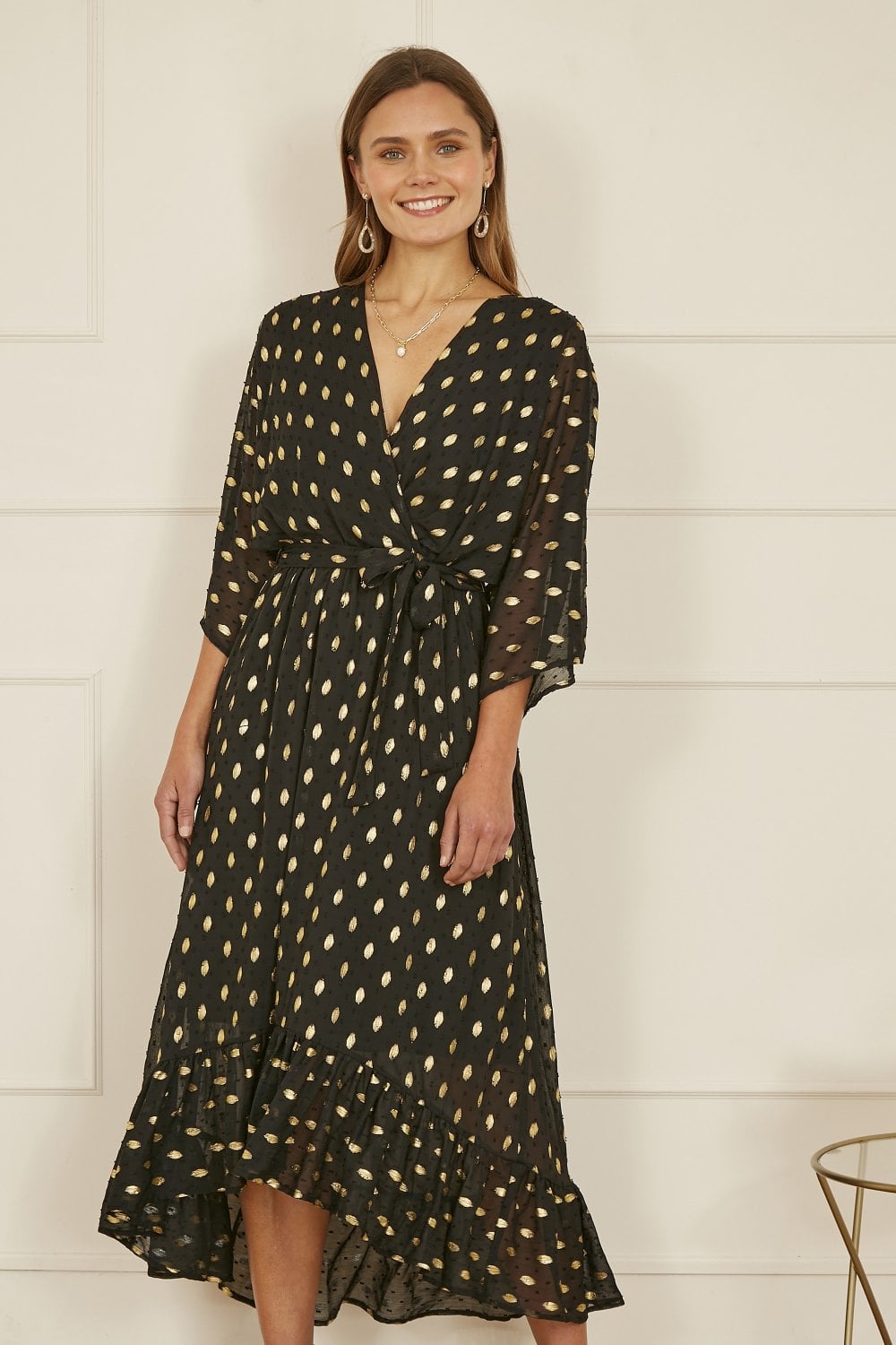 Yumi Black Foil Print Wrap Over Dip Hem Midi Dress Yumi