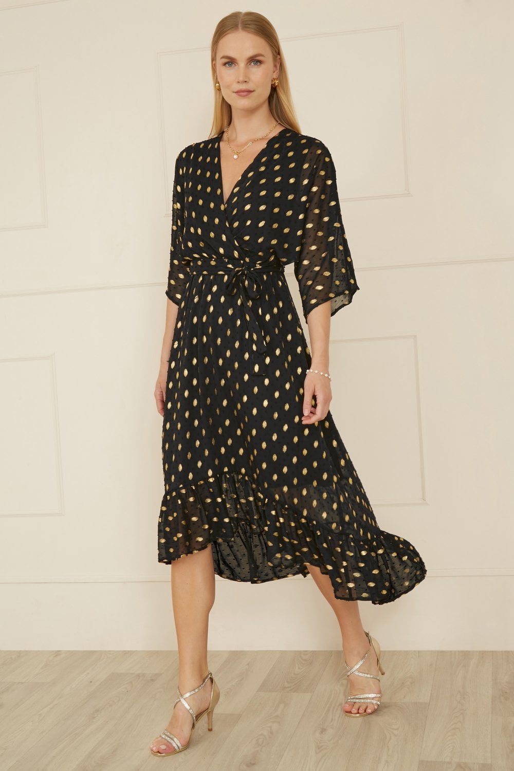 Yumi Black Foil Print Wrap Over Dip Hem Midi Dress Yumi