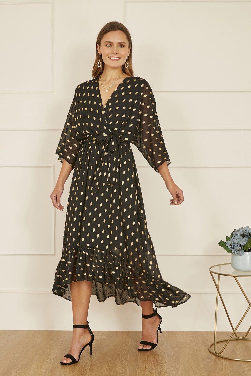 Yumi Black Foil Print Wrap Over Dip Hem Midi Dress Yumi