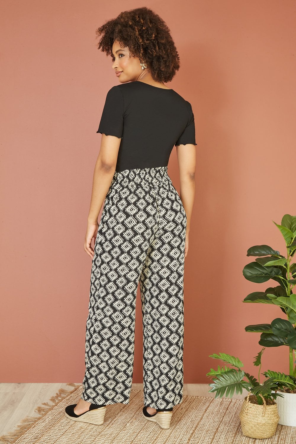 Yumi Black Geo Print Relaxed Fit Trousers Yumi