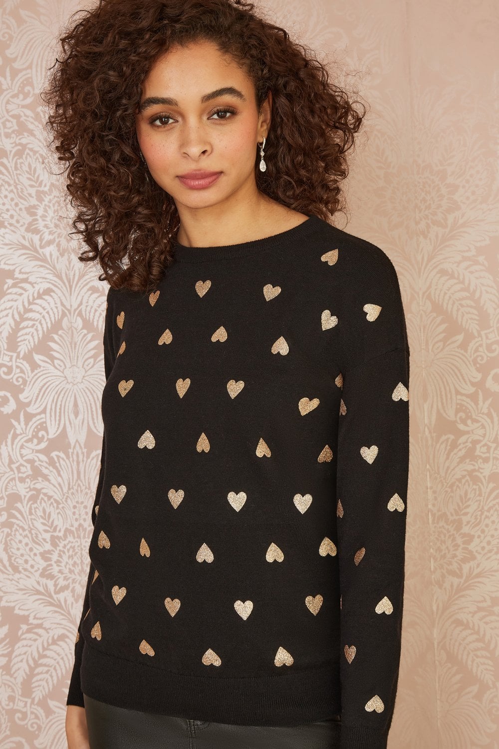 Yumi Black Gold Foil Heart Print Relaxed Fit Jumper Yumi