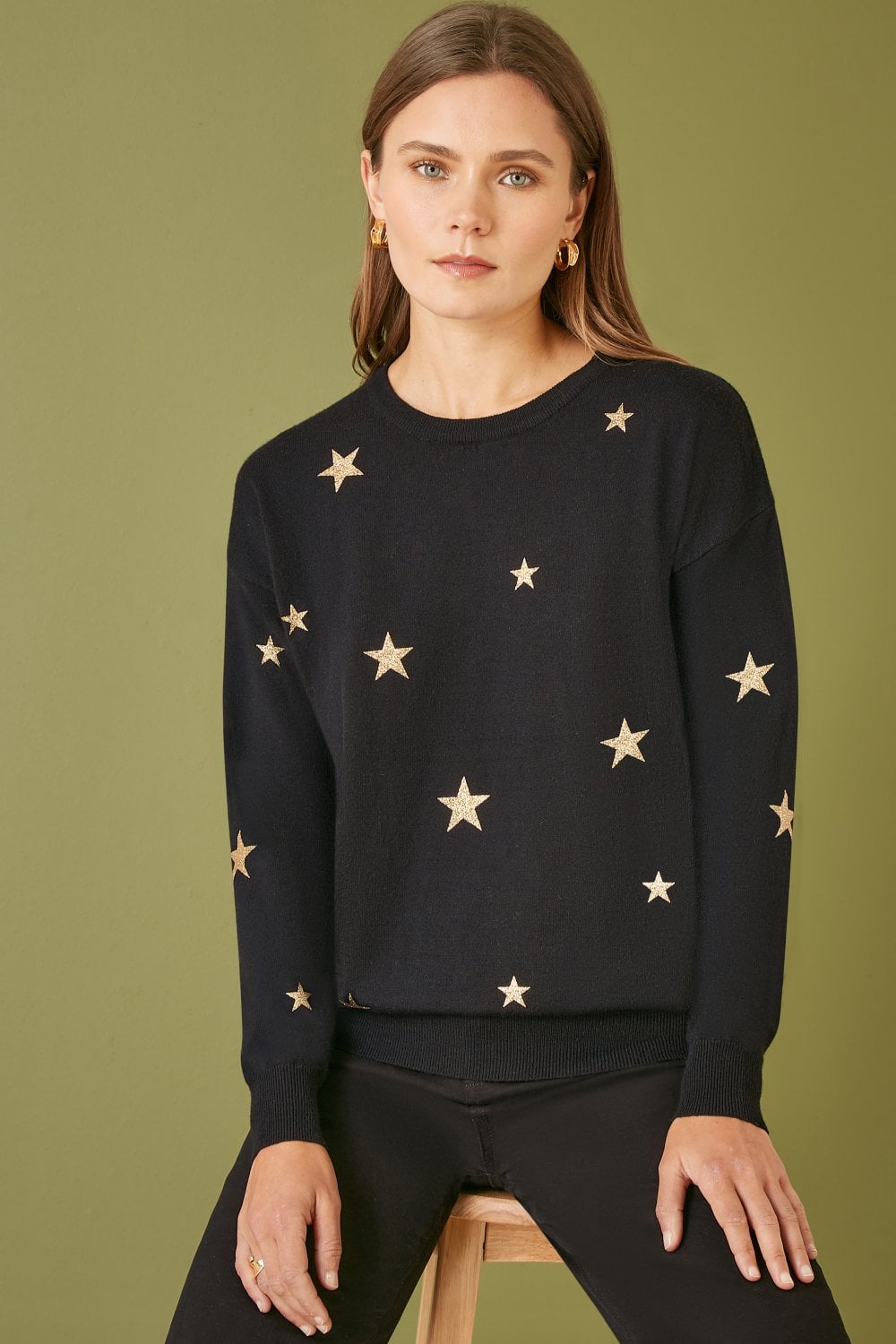 Yumi Black Gold Foil Star Print Relaxed Fit Jumper Yumi