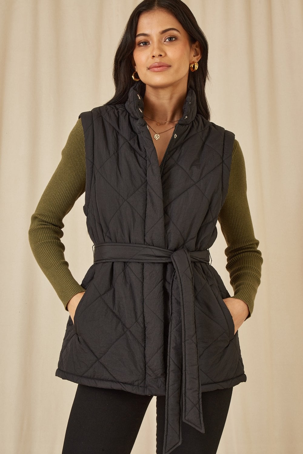 Yumi Black High Neck Quilted Gilet With Belt Yumi