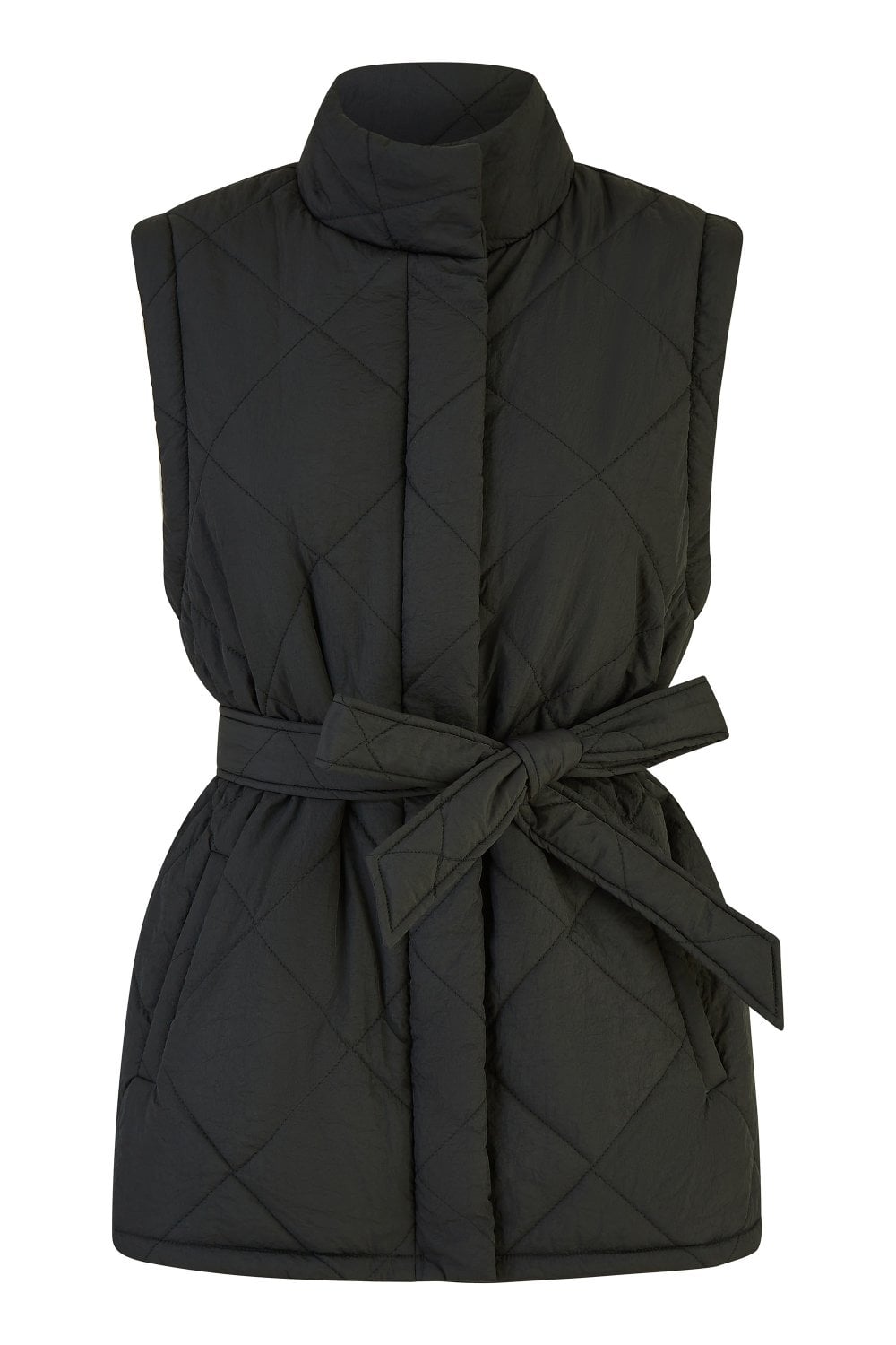 Yumi Black High Neck Quilted Gilet With Belt Yumi