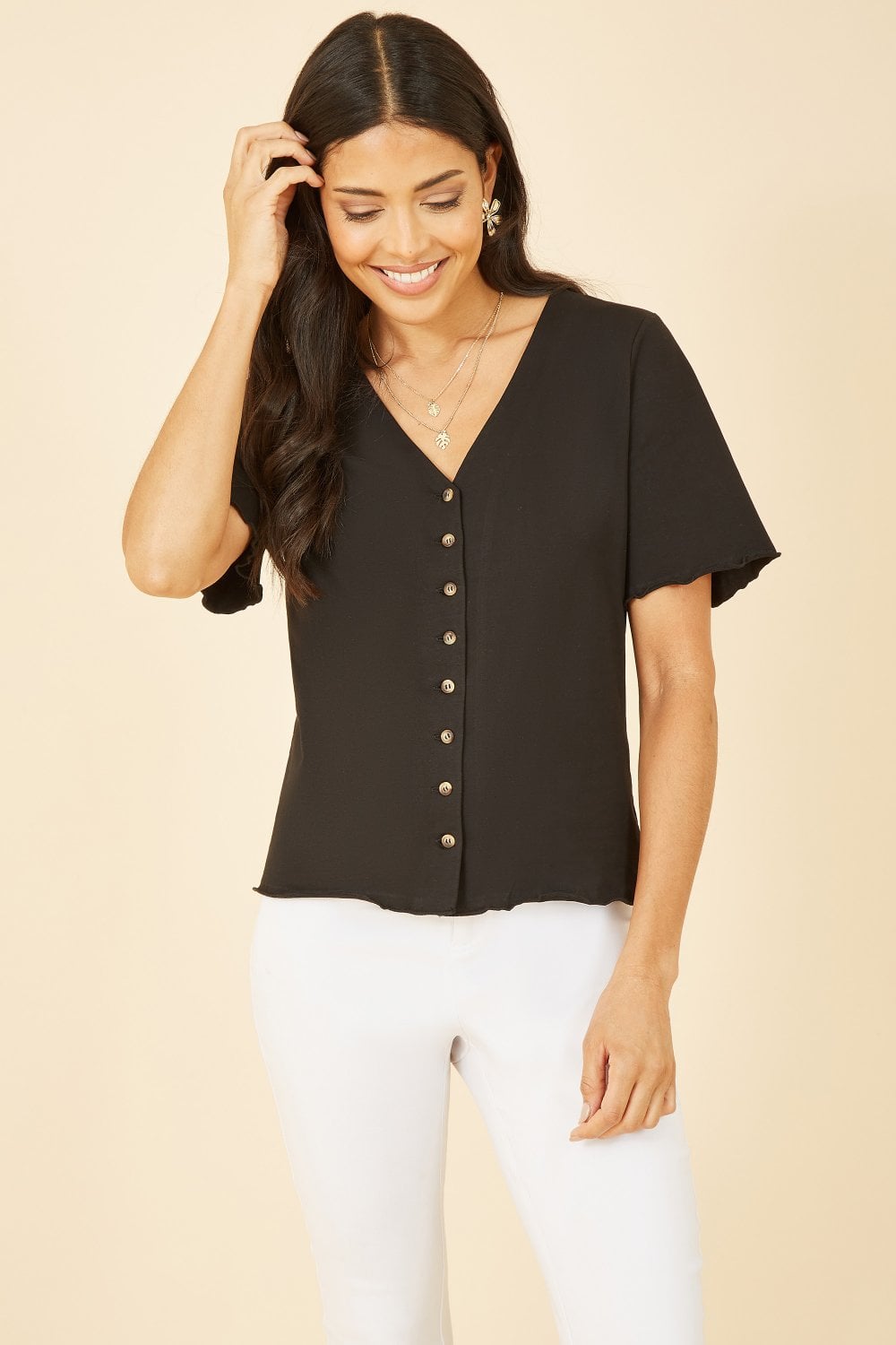 Yumi Black Jersey Button Detail T-Shirt Yumi