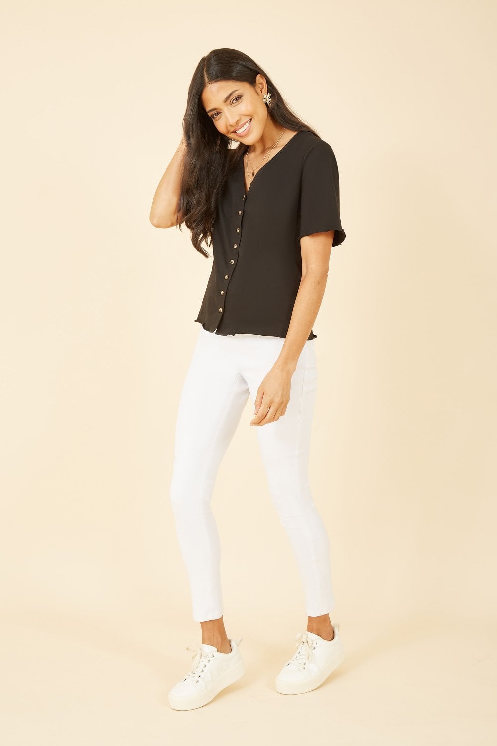 Yumi Black Jersey Button Detail T-Shirt Yumi