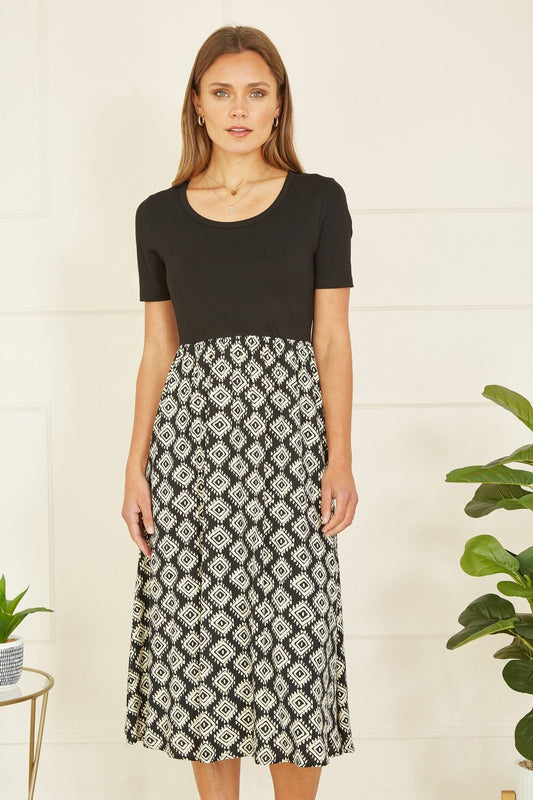 Yumi Black Jersey Stretch Top And Geo Skirt Midi Dress Yumi