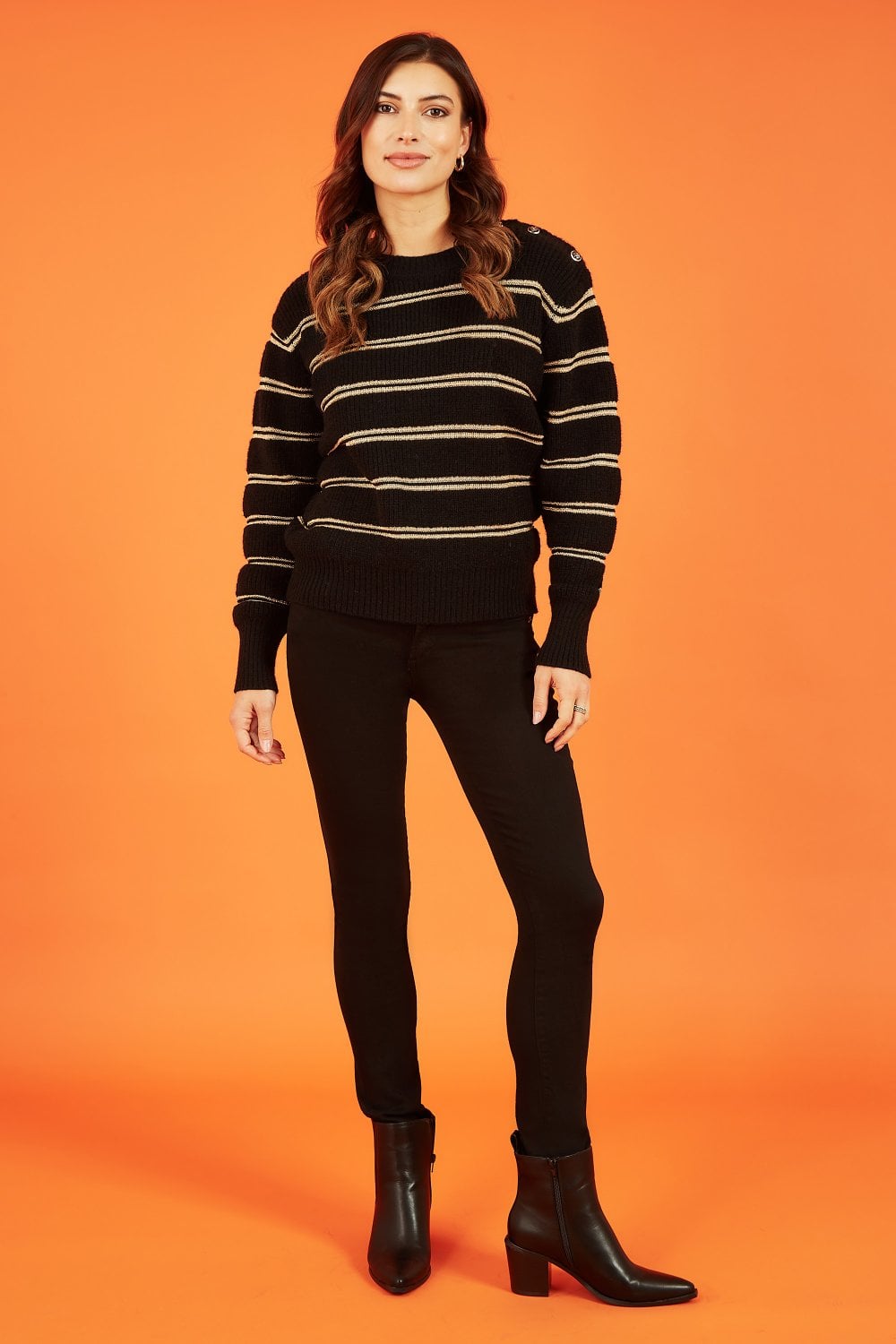 Yumi Black Jumper With Gold Stripes and Button Details Yumi