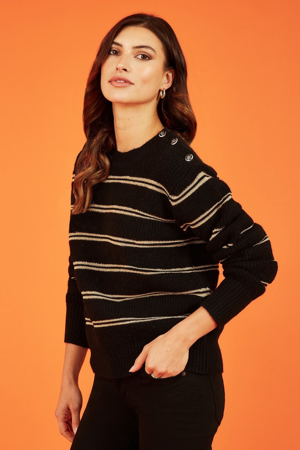 Yumi Black Jumper With Gold Stripes and Button Details Yumi