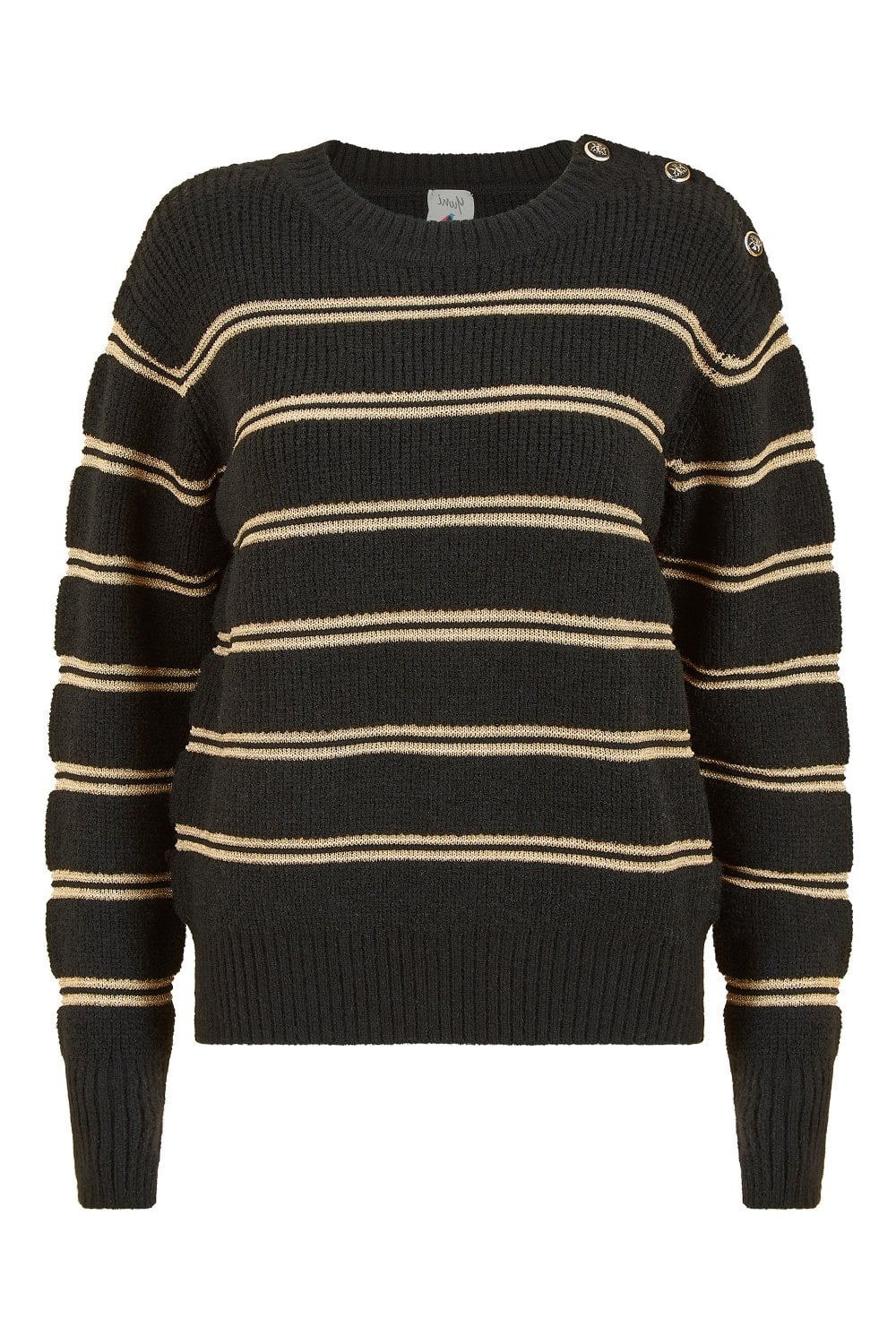 Yumi Black Jumper With Gold Stripes and Button Details Yumi