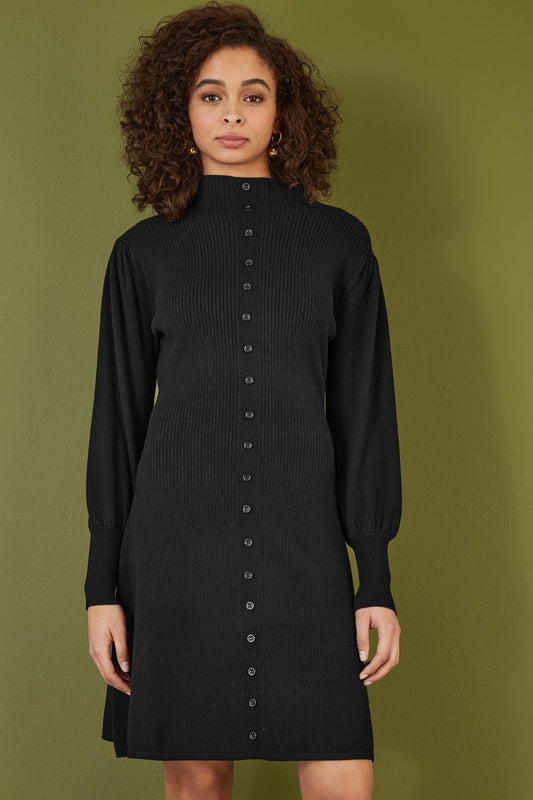 Yumi Black Knitted Button Up Midi Dress With Balloon Sleeves Yumi