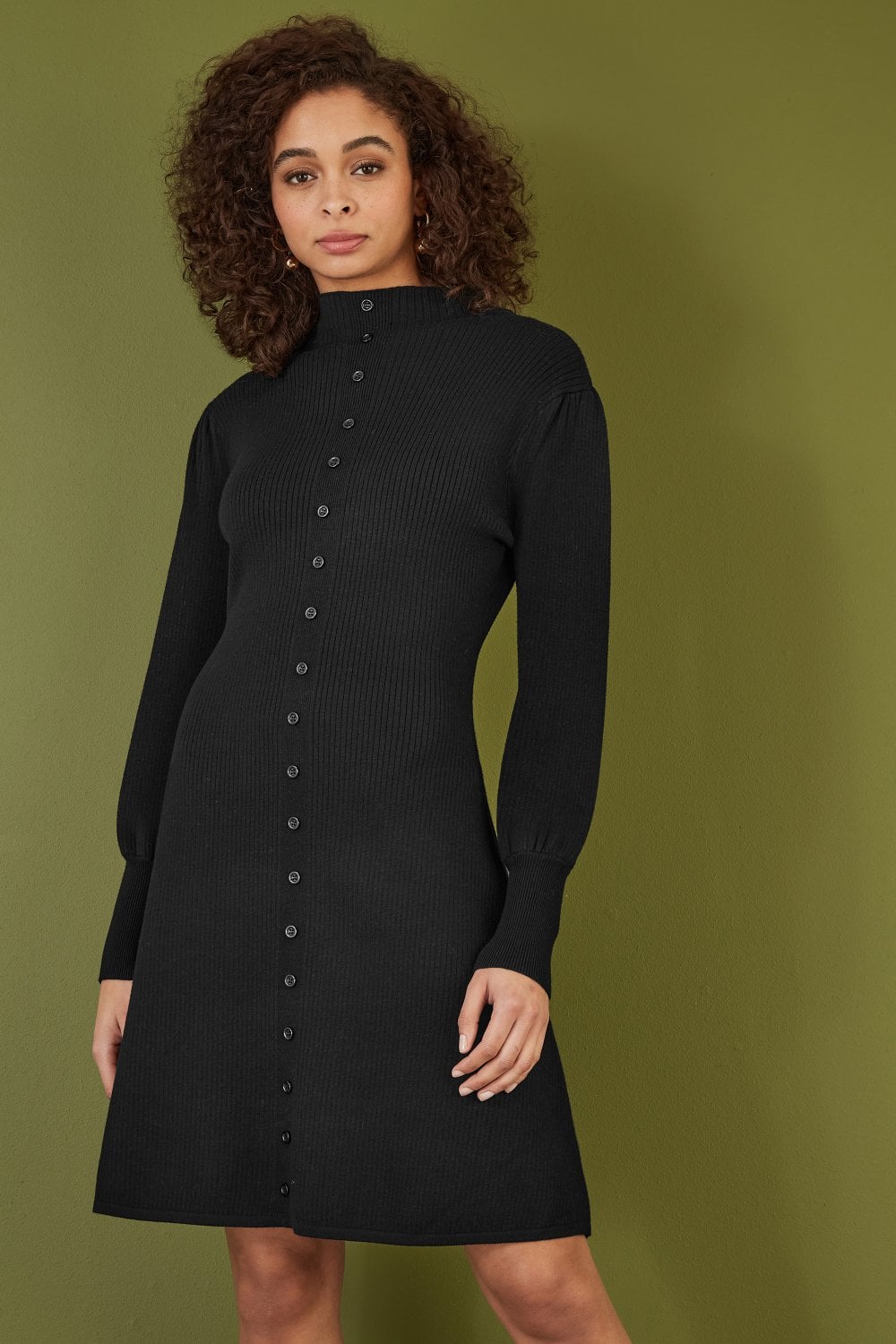 Yumi Black Knitted Button Up Midi Dress With Balloon Sleeves Yumi