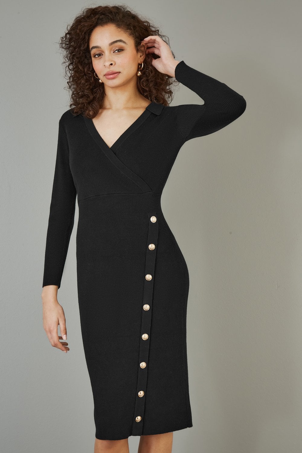 Yumi Black Knitted Midi Dress With Asymmetric Button Details Yumi