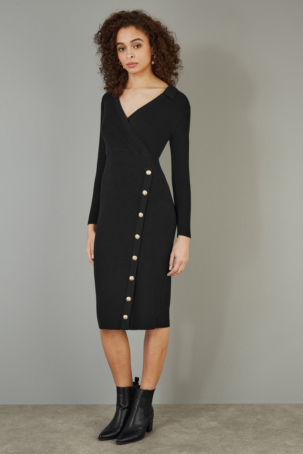 Yumi Black Knitted Midi Dress With Asymmetric Button Details Yumi