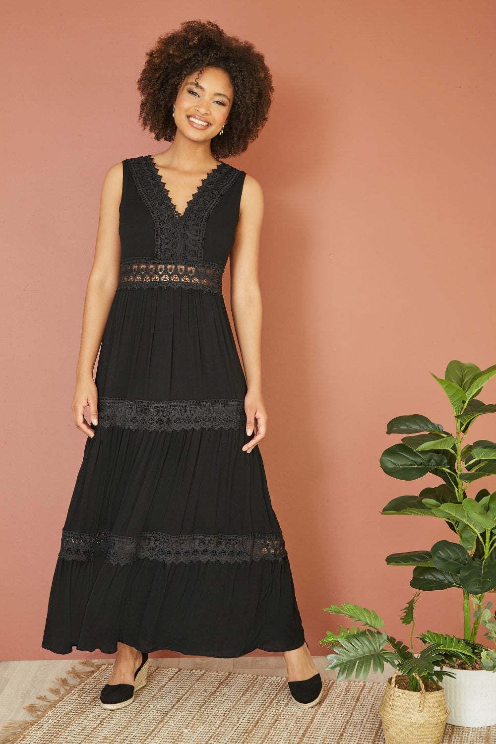 Yumi Black Lace Trim Cotton Midi Sun Dress Yumi