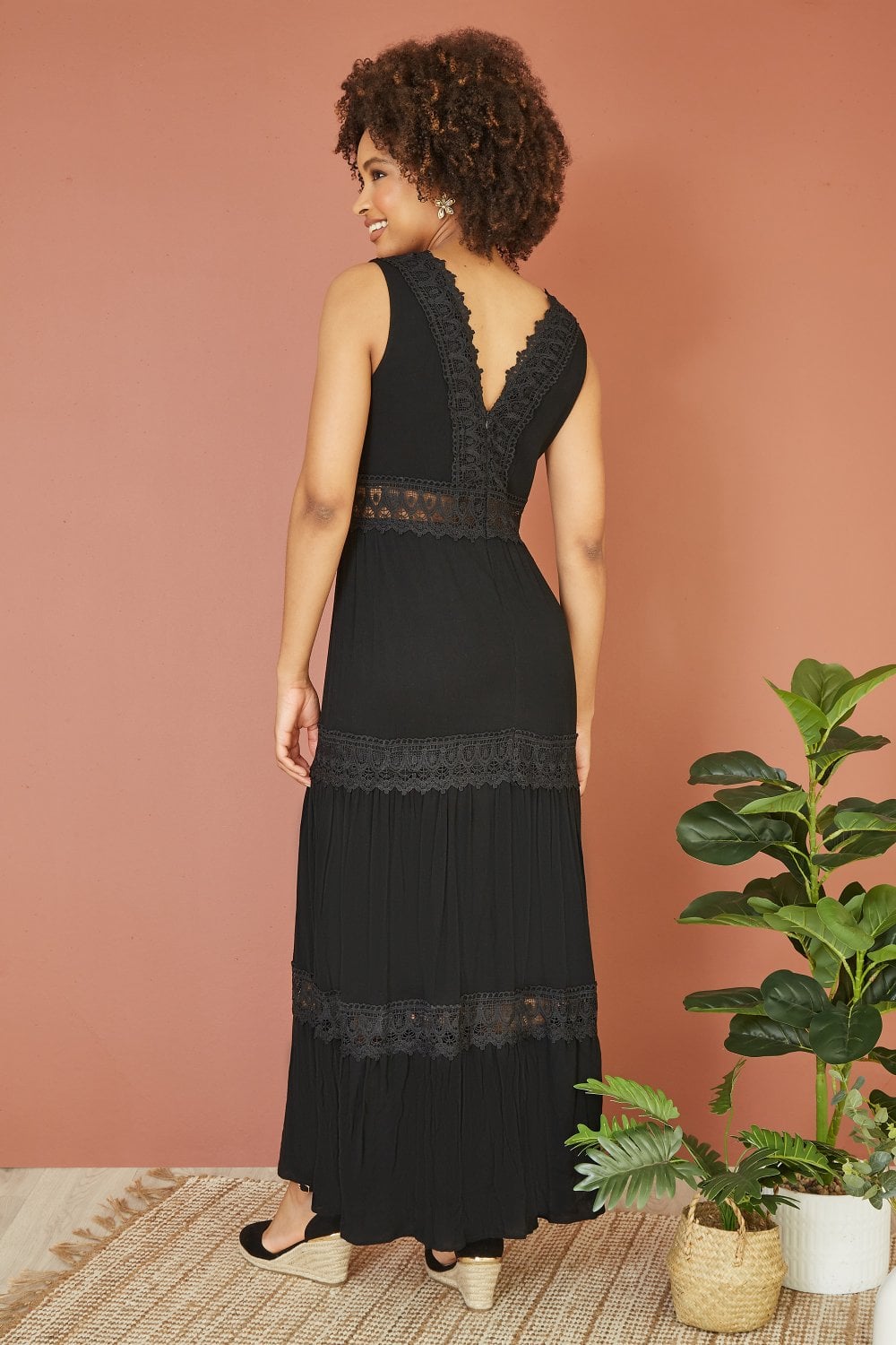 Yumi Black Lace Trim Cotton Midi Sun Dress Yumi