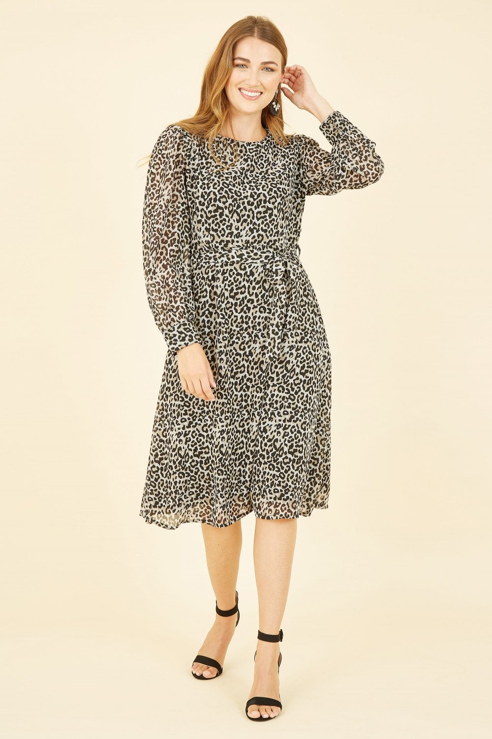 Yumi Black Leopard Long Sleeve Skater Dress Yumi