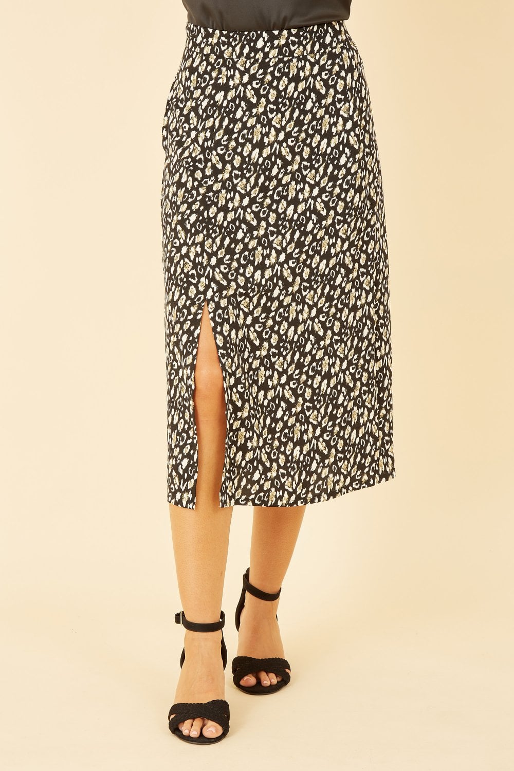 Yumi Black Leopard Print Midi Skirt Yumi