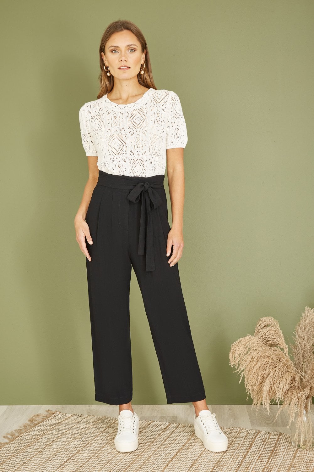 Yumi Black Linen Blend Tie Waist Trousers Yumi