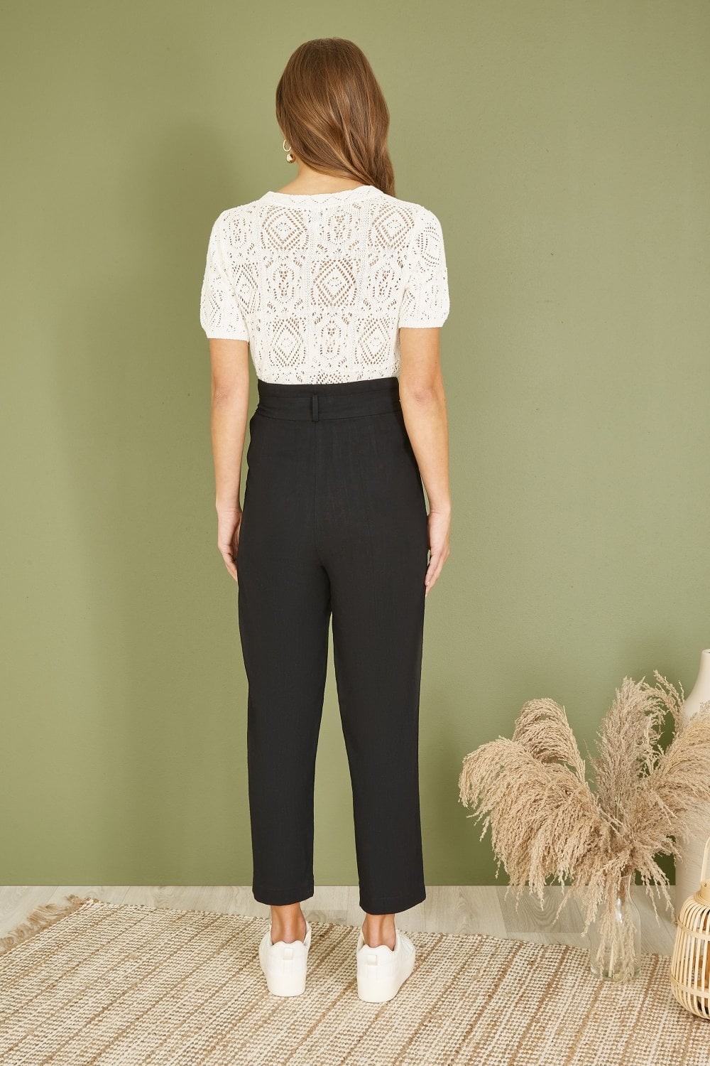 Yumi Black Linen Blend Tie Waist Trousers Yumi