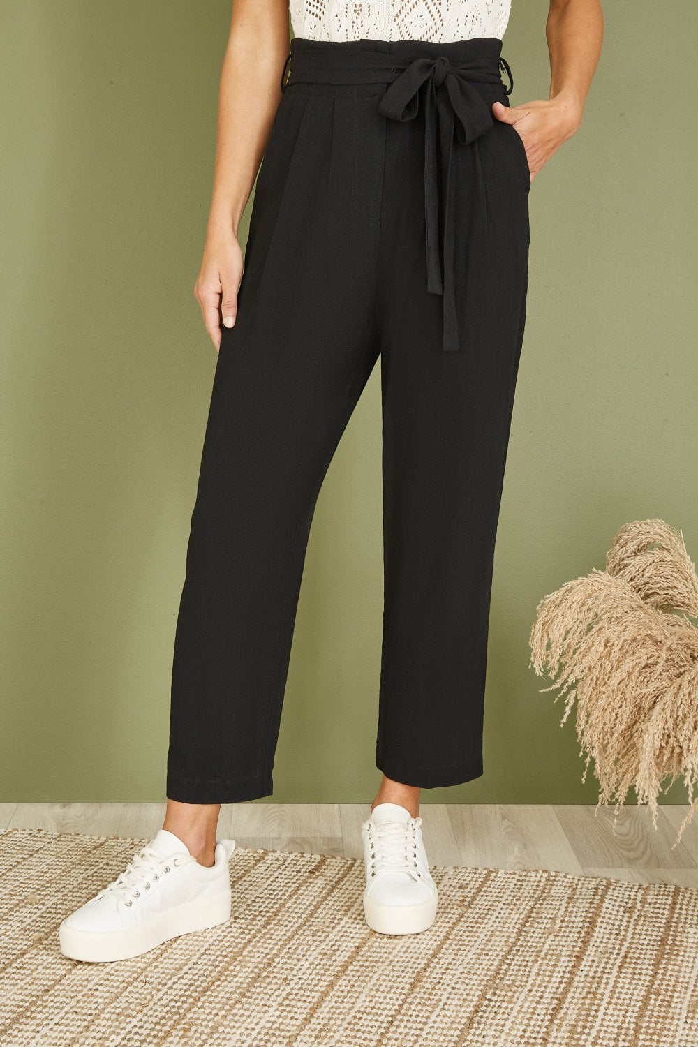 Yumi Black Linen Blend Tie Waist Trousers Yumi