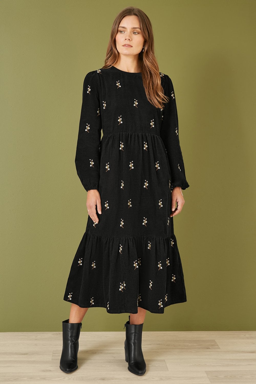 Yumi Black Long Sleeve Midi Dress With Floral Embroidery Yumi