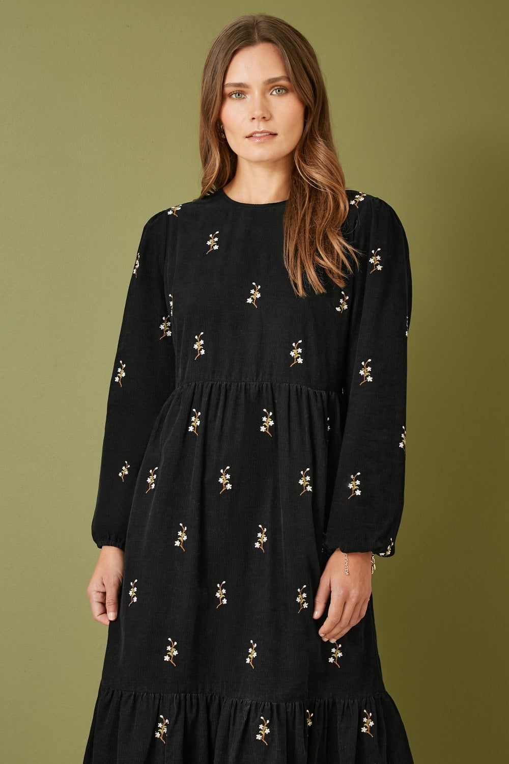 Yumi Black Long Sleeve Midi Dress With Floral Embroidery Yumi