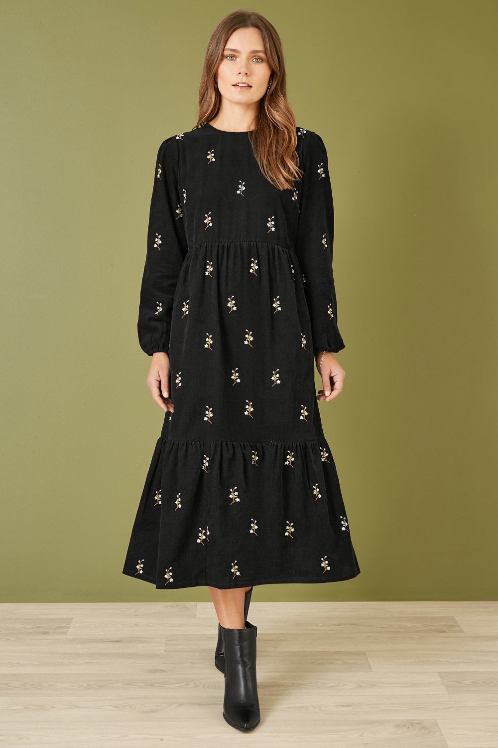 Yumi Black Long Sleeve Midi Dress With Floral Embroidery Yumi