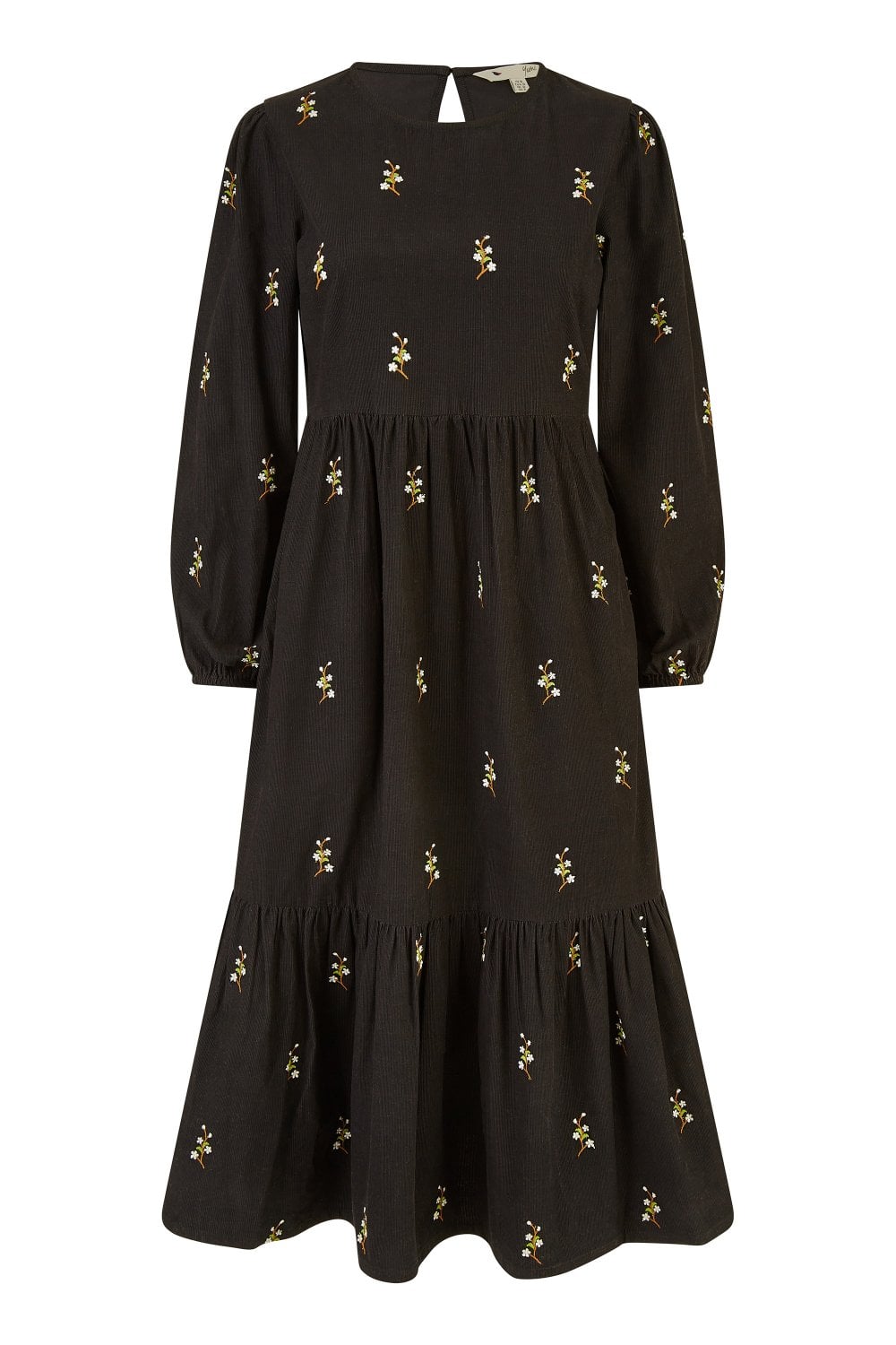 Yumi Black Long Sleeve Midi Dress With Floral Embroidery Yumi