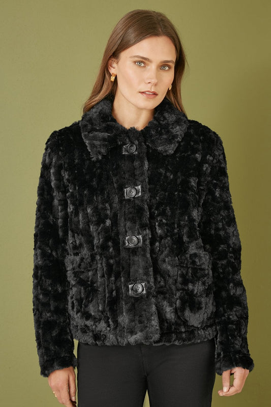 Yumi Black Luxe Textured Faux Fur Jacket With Pockets Yumi