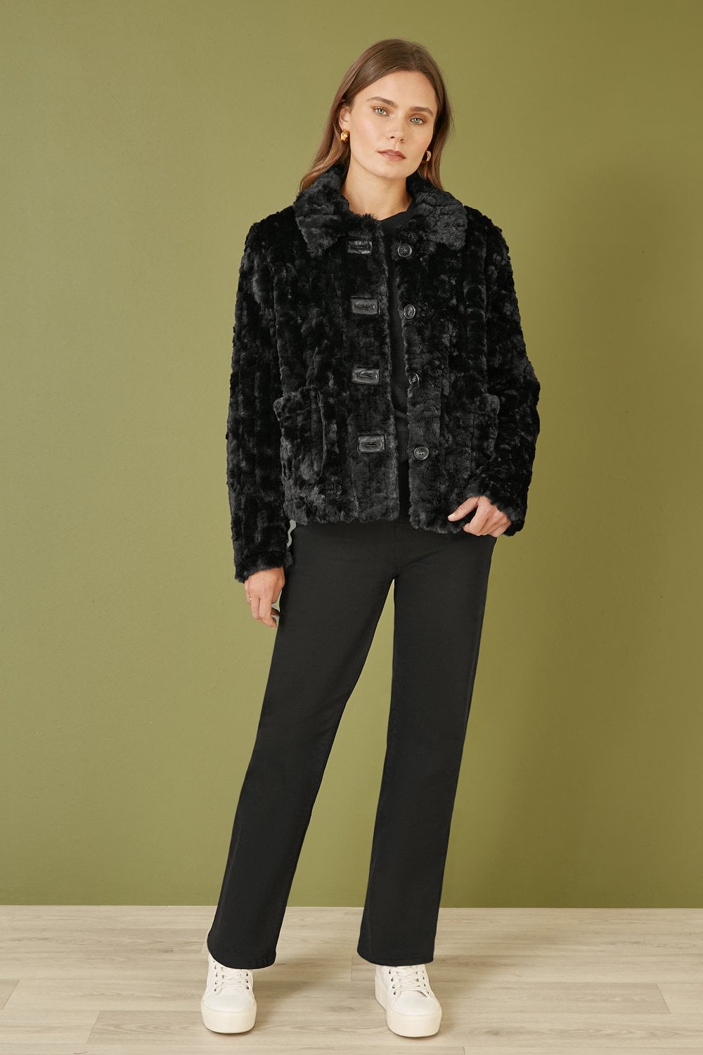 Yumi Black Luxe Textured Faux Fur Jacket With Pockets Yumi