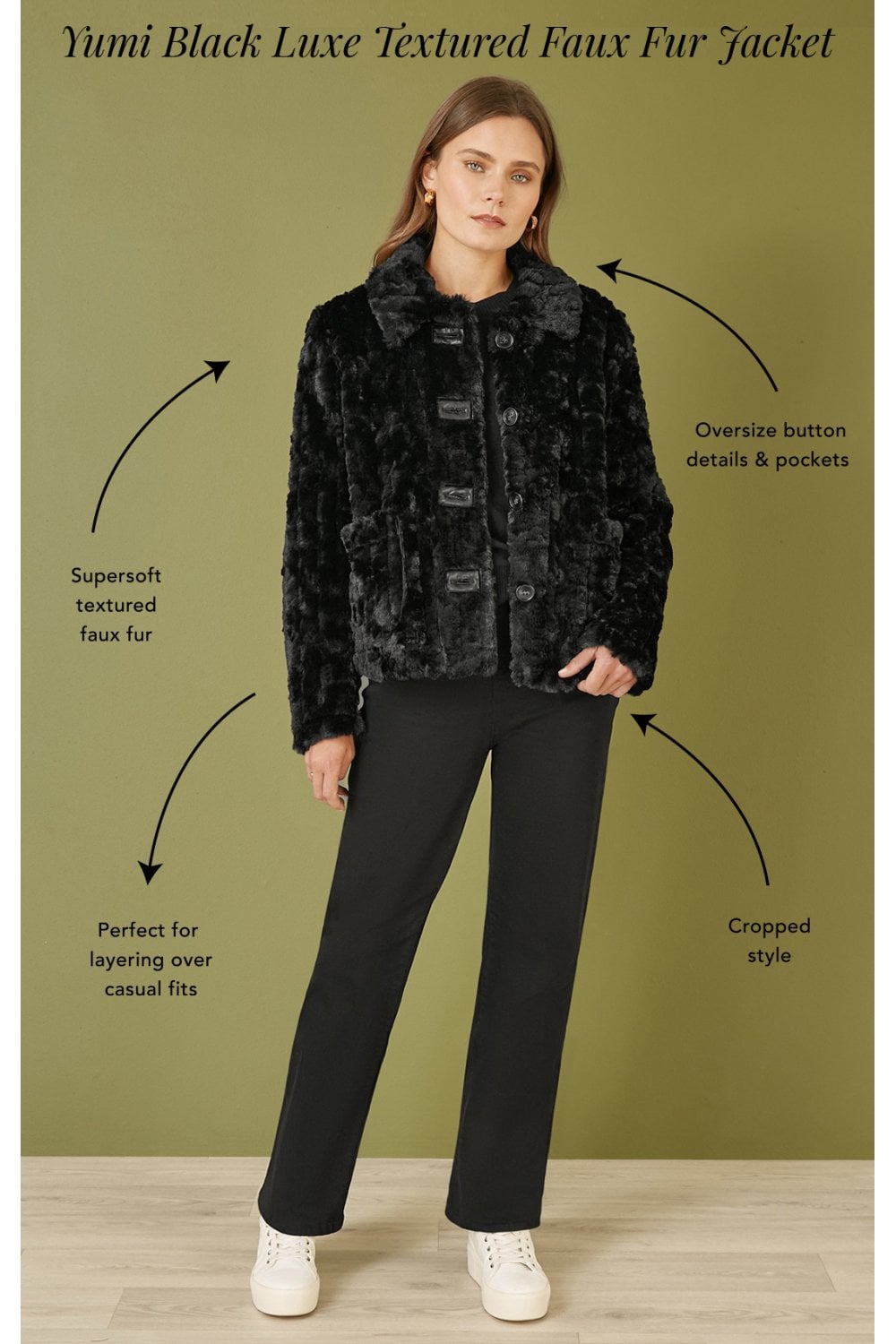 Yumi Black Luxe Textured Faux Fur Jacket With Pockets Yumi