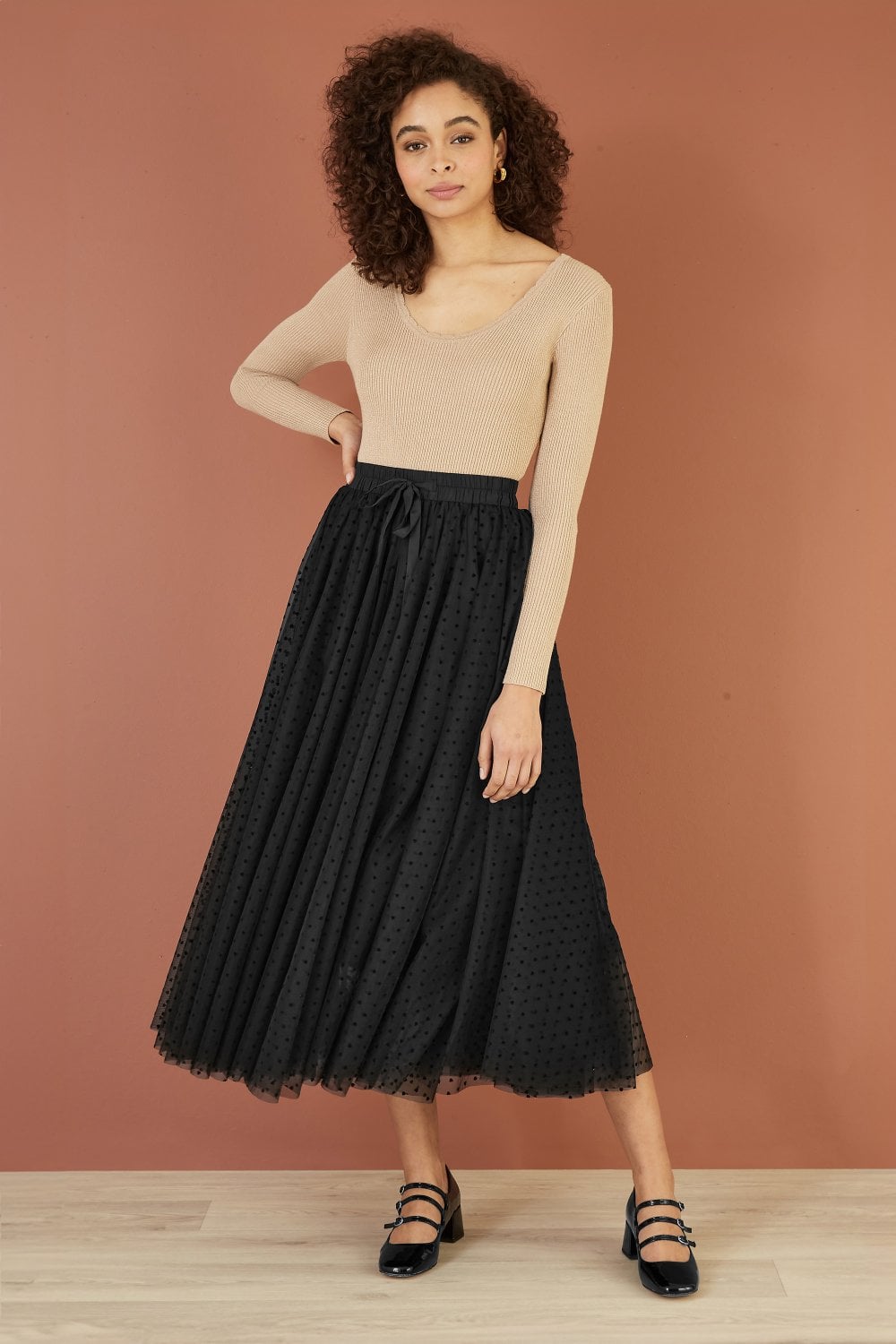 Yumi Black Mesh Heart Print Tulle Skirt Yumi