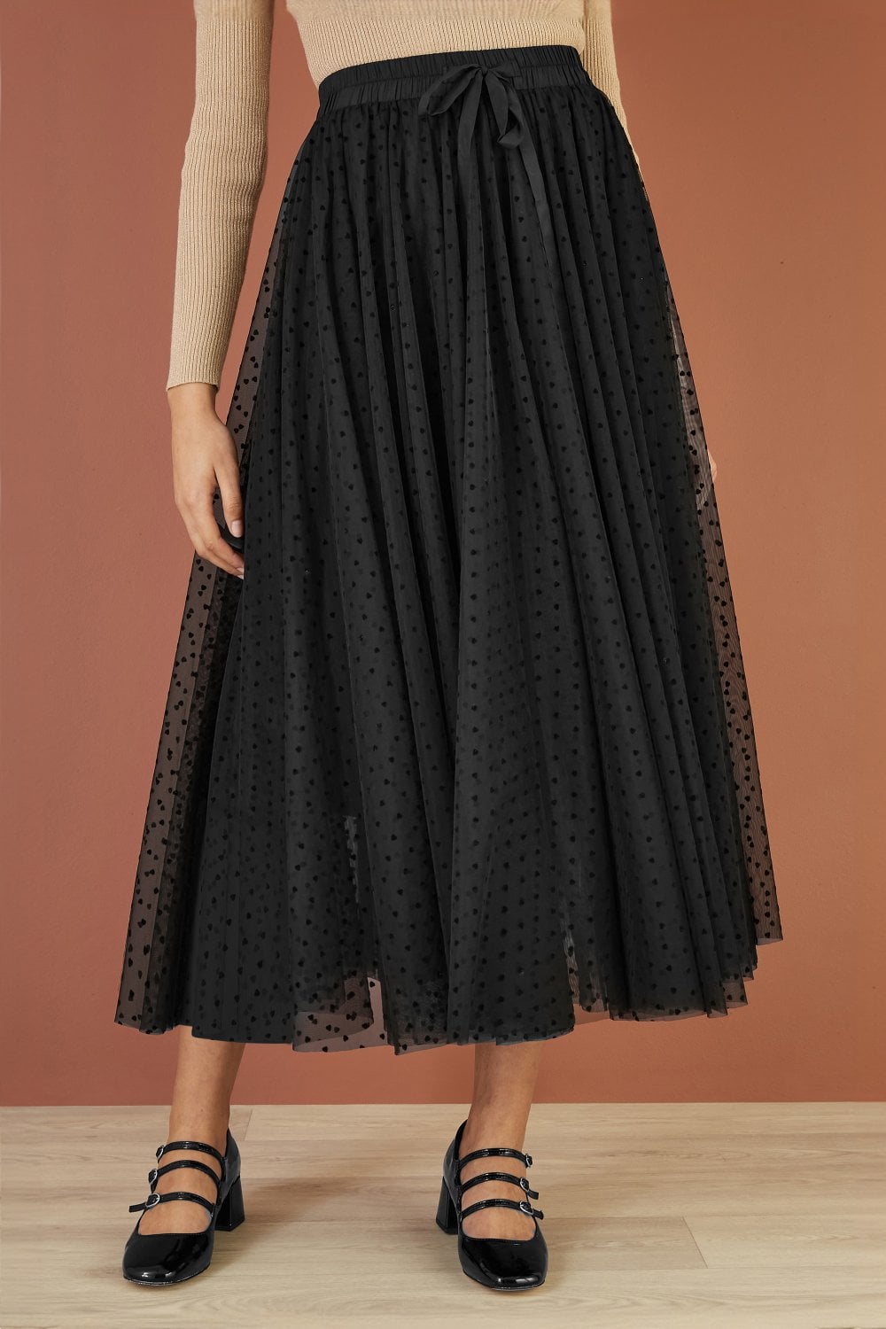 Yumi Black Mesh Heart Print Tulle Skirt Yumi