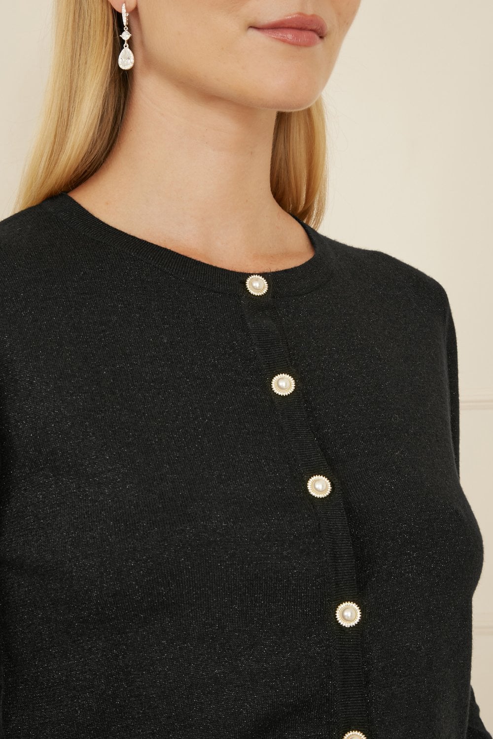 Yumi Black Metallic Knit Cardigan With Pearl Button Details Yumi