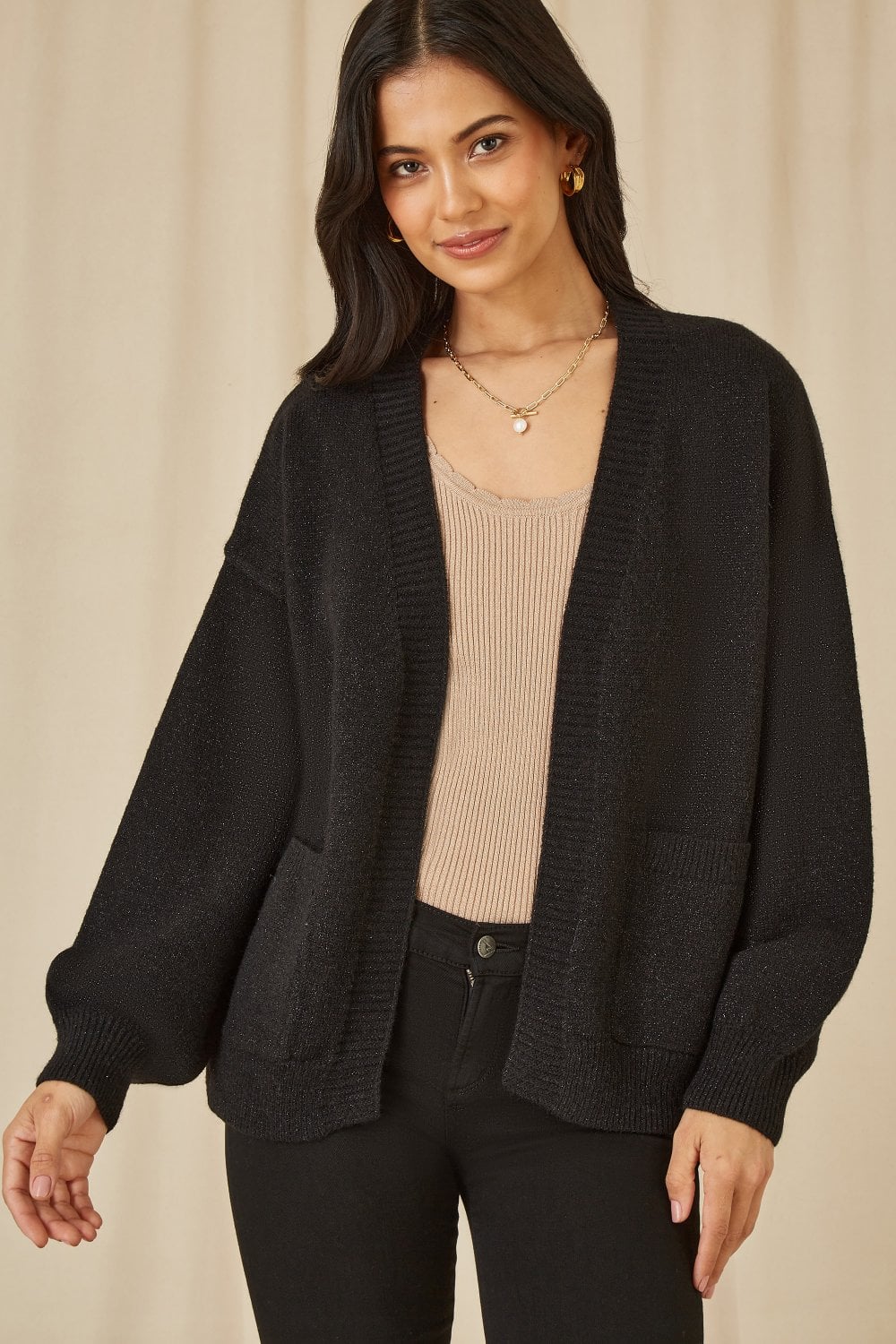 Yumi Black Metallic Relaxed Slouchy Cardigan With Pockets Yumi