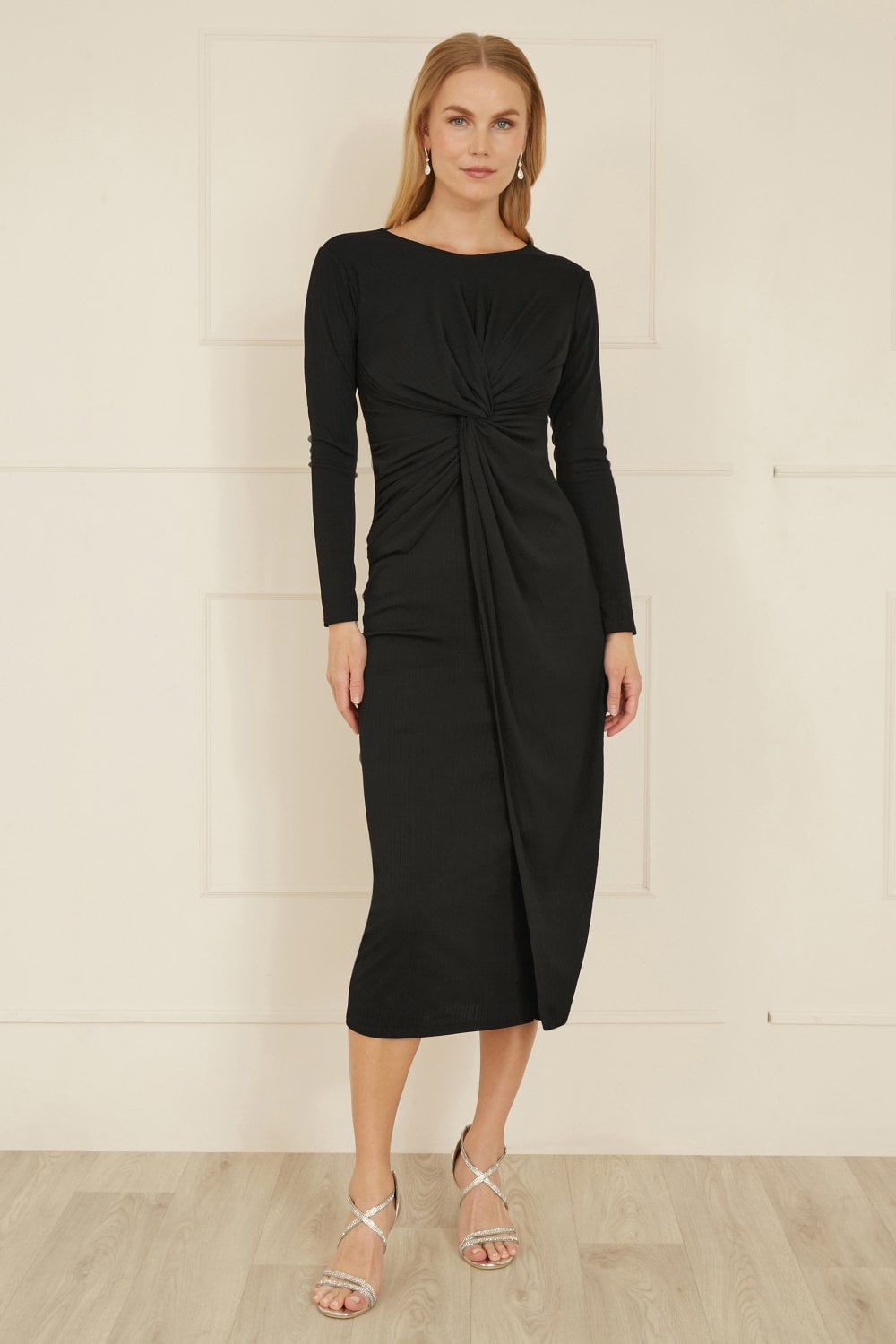 Yumi Black Midi Fitted Stretch Dress With Knot Detail Yumi