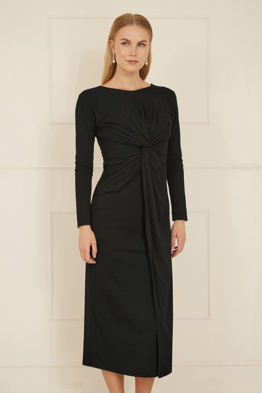 Yumi Black Midi Fitted Stretch Dress With Knot Detail Yumi