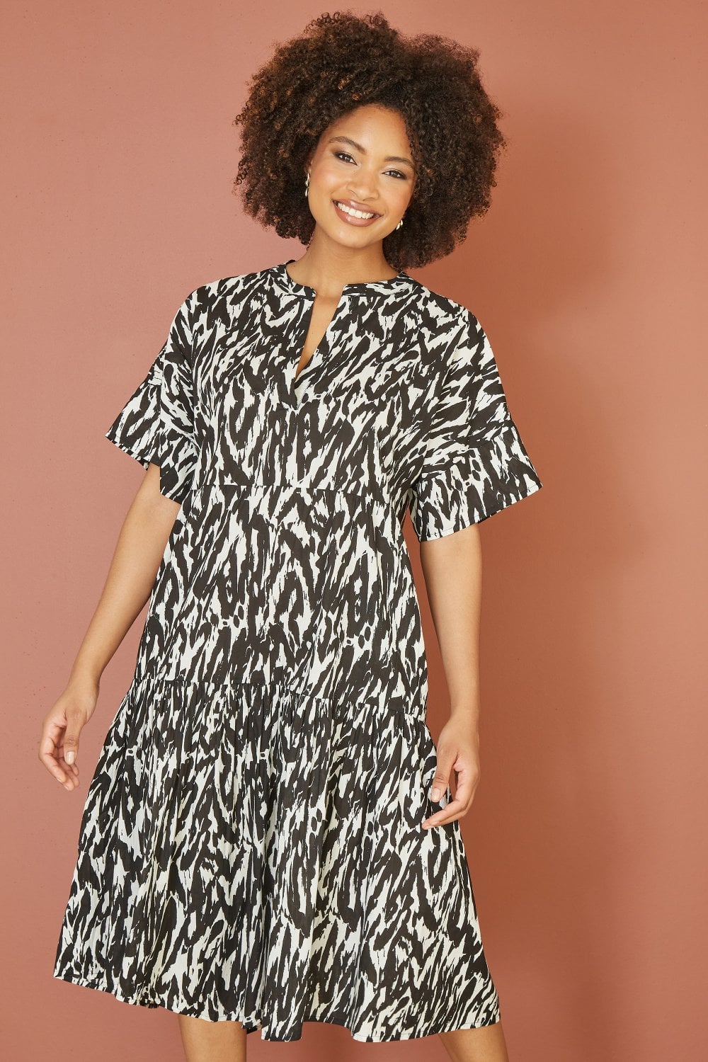 Yumi Black Organic Cotton Animal Print Tiered Tunic Dress Yumi