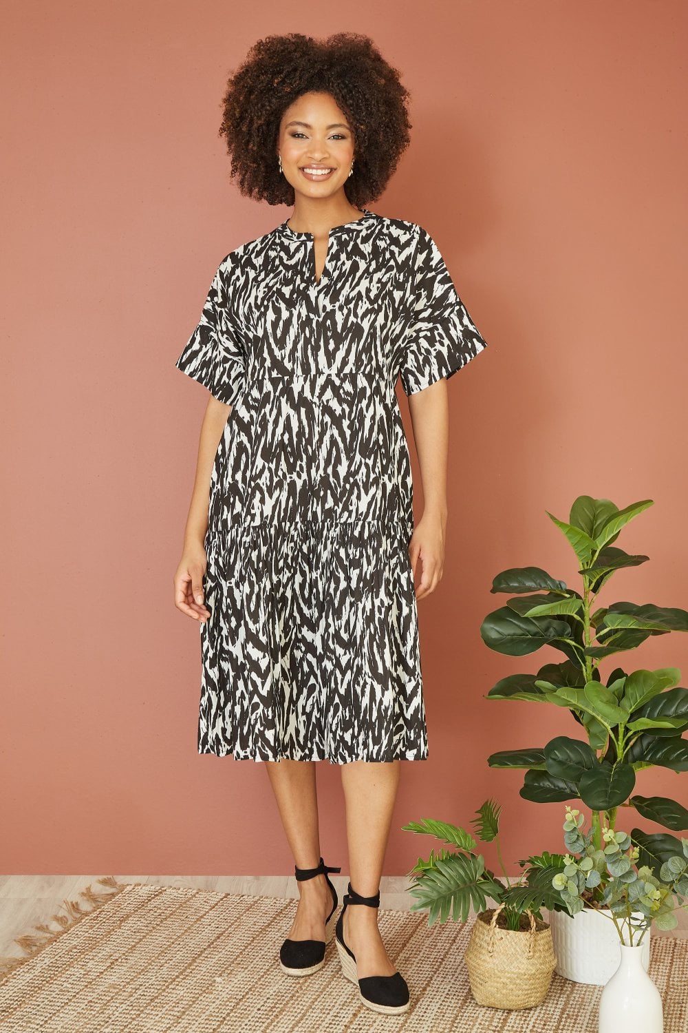 Yumi Black Organic Cotton Animal Print Tiered Tunic Dress Yumi