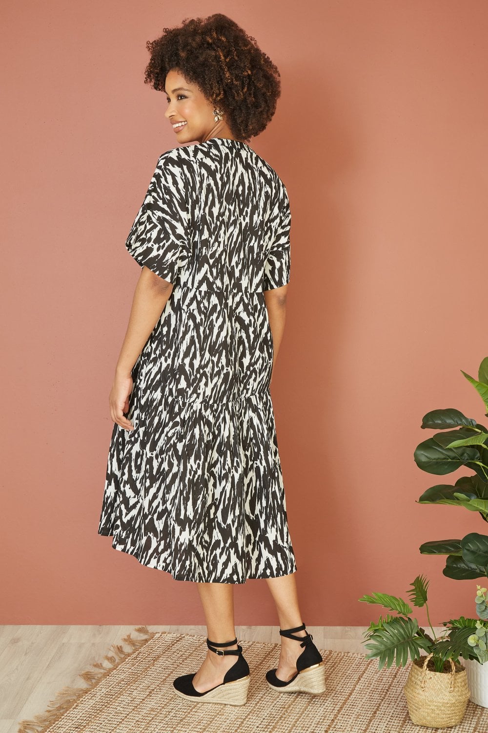 Yumi Black Organic Cotton Animal Print Tiered Tunic Dress Yumi